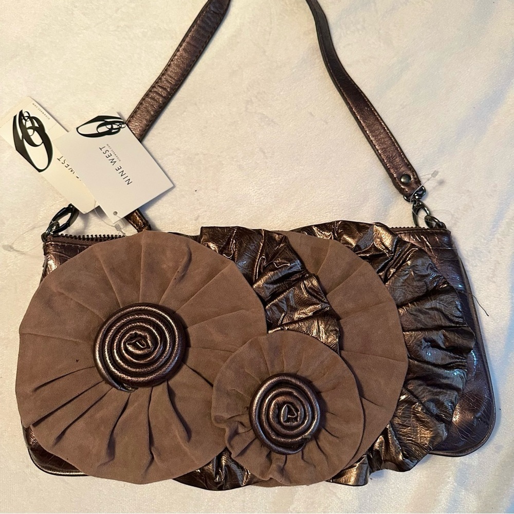 NEW Nine West Floral Ruffle Rounds Bronze Brown Clutch or Shoulder Bag NWT